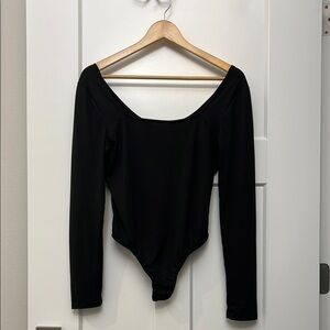 Long Sleeve Thong Bodysuit Black Box Neck